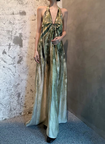High-End Spring-Summer New Holiday Wind Hanging Shoulder Dress V Neck Strapped Bare Back Dress